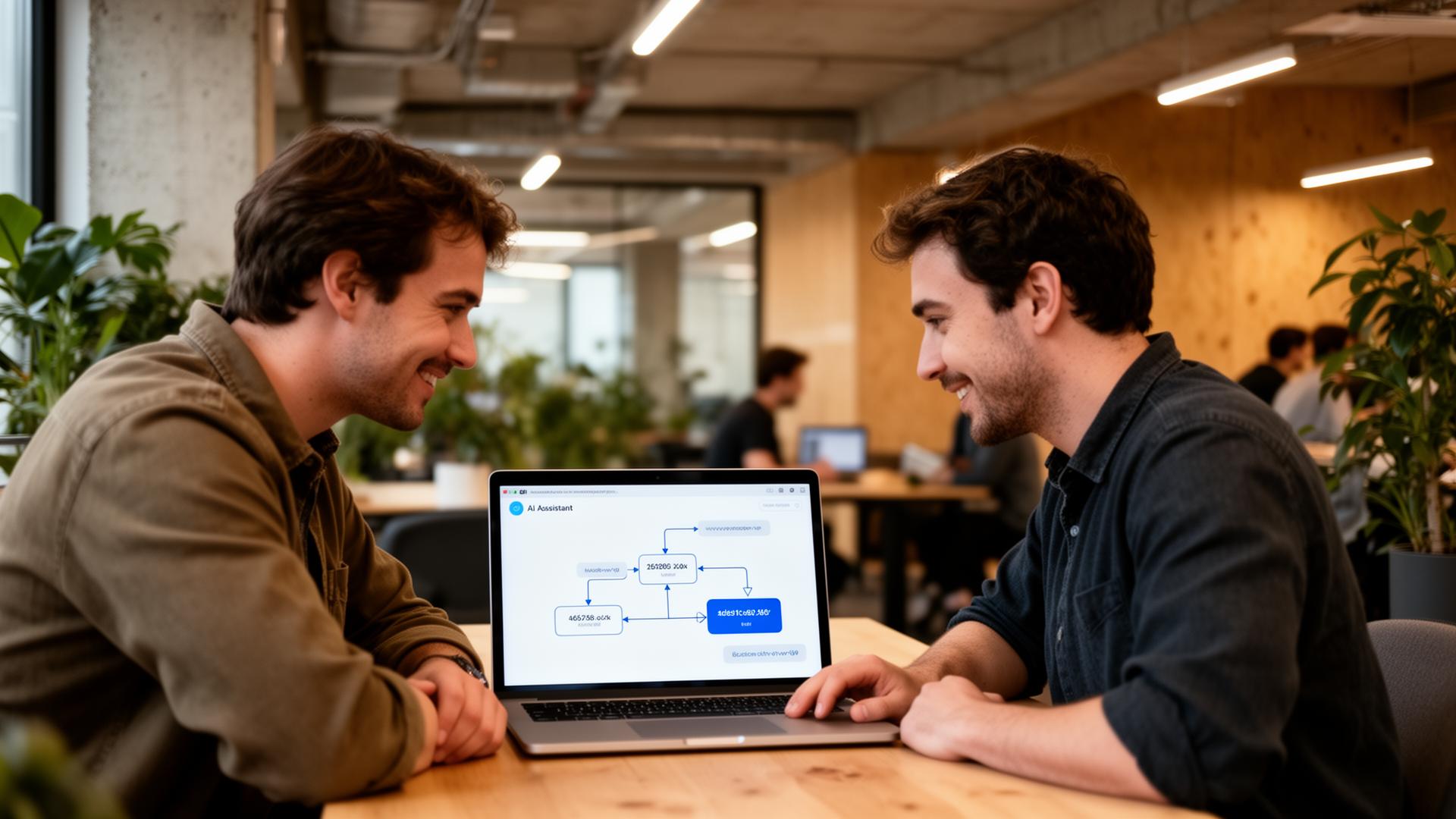 Zwei junge Berufstätige besprechen einen KI-Automatisierungsablauf an einem Laptop in einem Münchner Coworking-Space.
